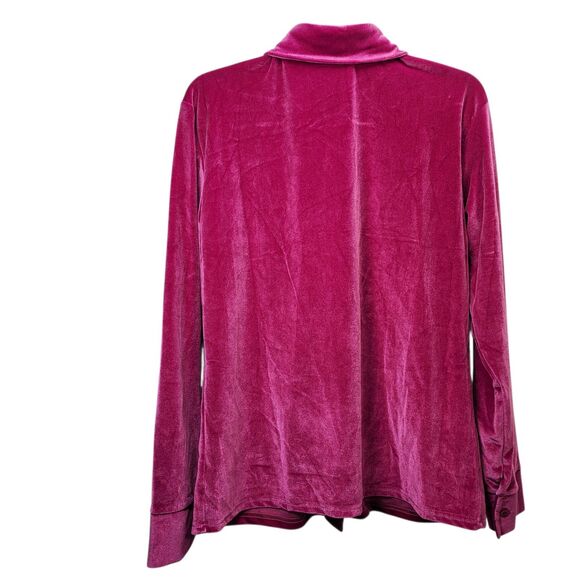 Women's Velvet Button-Down Shirt Blouse Fuchsia Pink Long Sleeve Size Large - Picture 2 of 9